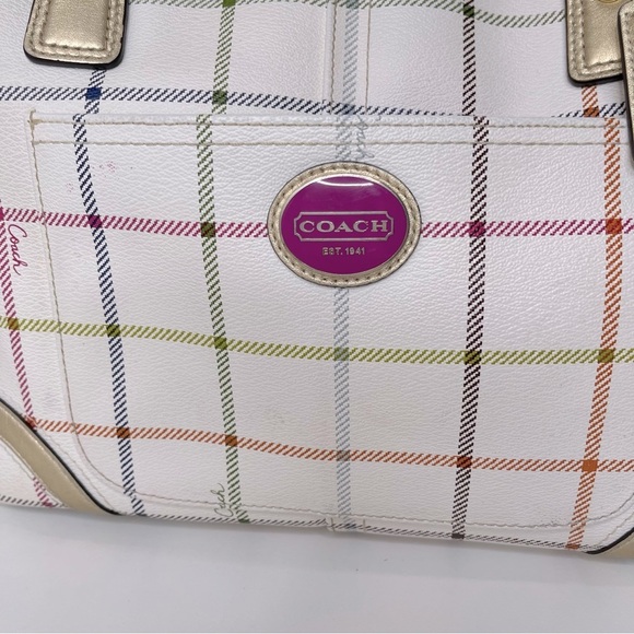 Coach F19176 Peyton Tattersall Plaid Satchel Tote Coated Canvas Ivory Multi H013 - Picture 2 of 16